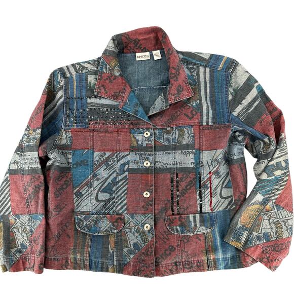 Vintage Chicos 90s Art to Wear Denim Jacket Shacket 3XL Graphic Print Buttons - Picture 1 of 8
